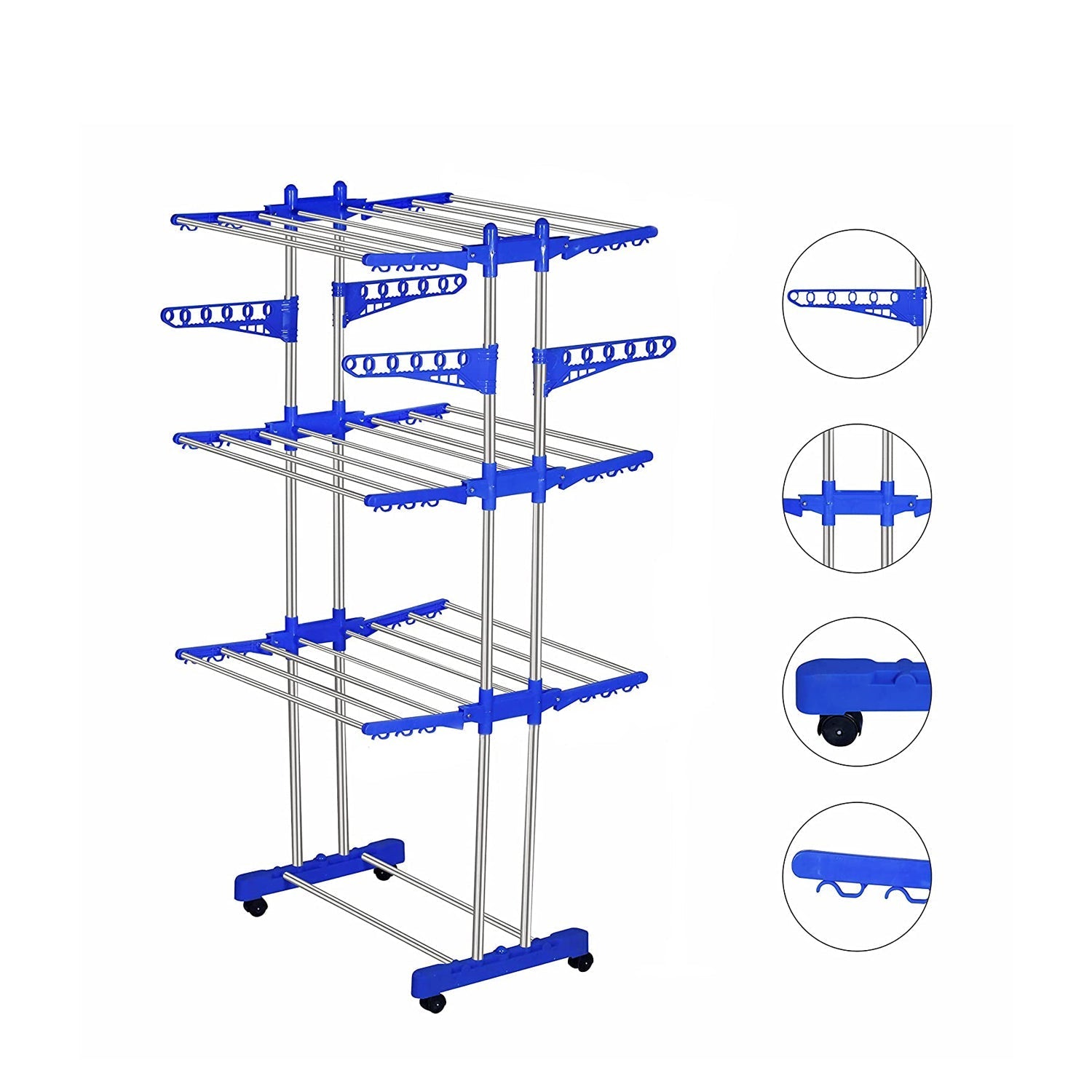 0733A Stainless Steel Folding Double Supported 3 Layer Cloth Drying Stand Laundry Dryer Hanger with Breaking Wheels for Balcony Indoor and Outdoor Home, Steel 0733A Stainless Steel Folding Double Supported 3 Layer Cloth Drying Stand Laundry Dryer Hanger with Breaking Wheels for Balcony Indoor and Outdoor Home, Steel